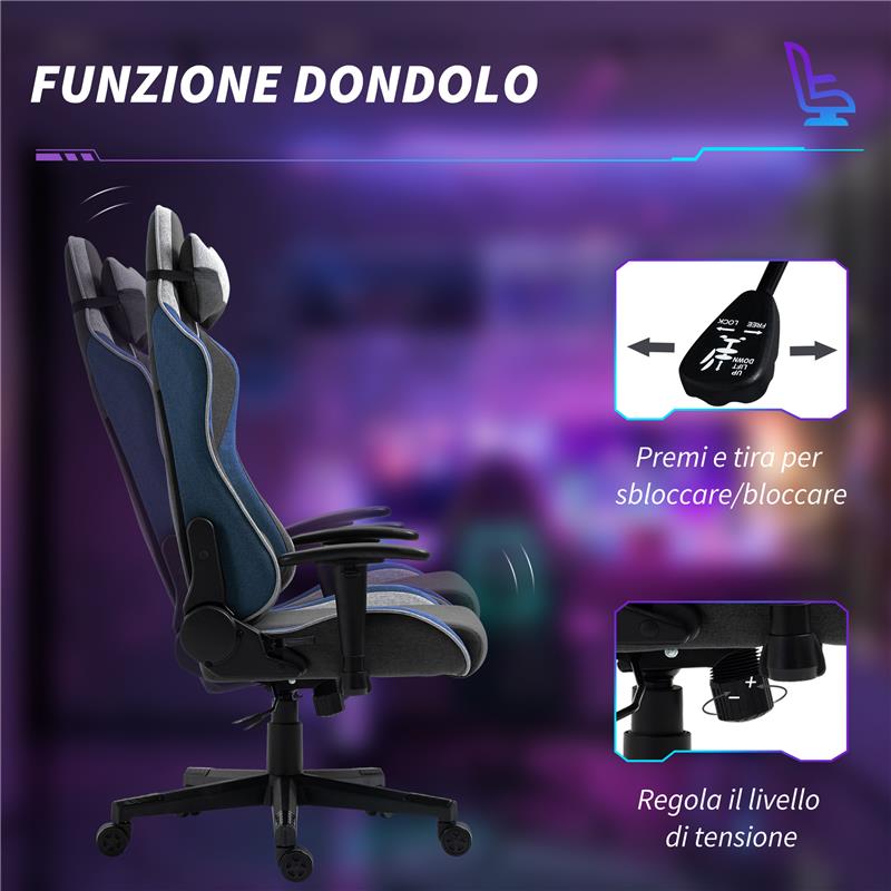 SEDIA DA GAMING RECLINABILE A 150° CON FUNZIONE DONDOLO IN TESSUTO EFFETTO LINO 66X53X128-138 CM GRIGIO