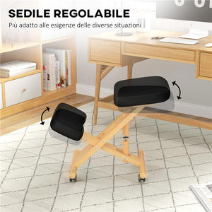 SEDIA ERGONOMICA POSTURALE CON INGINOCCHIATOIO ALTEZZA REGOLABILE E ROTELLE IN LEGNO NERO