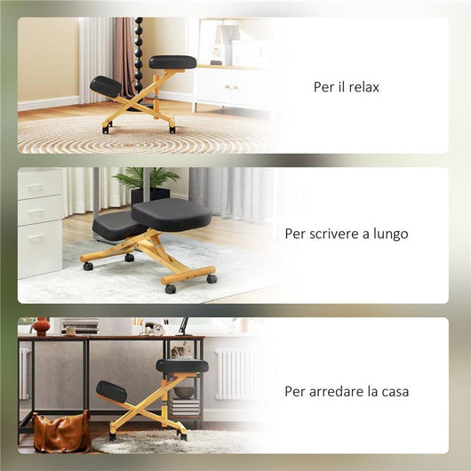SEDIA ERGONOMICA POSTURALE CON INGINOCCHIATOIO ALTEZZA REGOLABILE E ROTELLE IN LEGNO NERO
