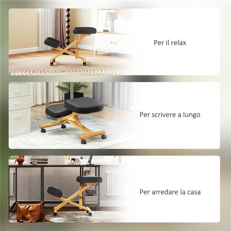 SEDIA ERGONOMICA POSTURALE CON INGINOCCHIATOIO ALTEZZA REGOLABILE E ROTELLE IN LEGNO NERO