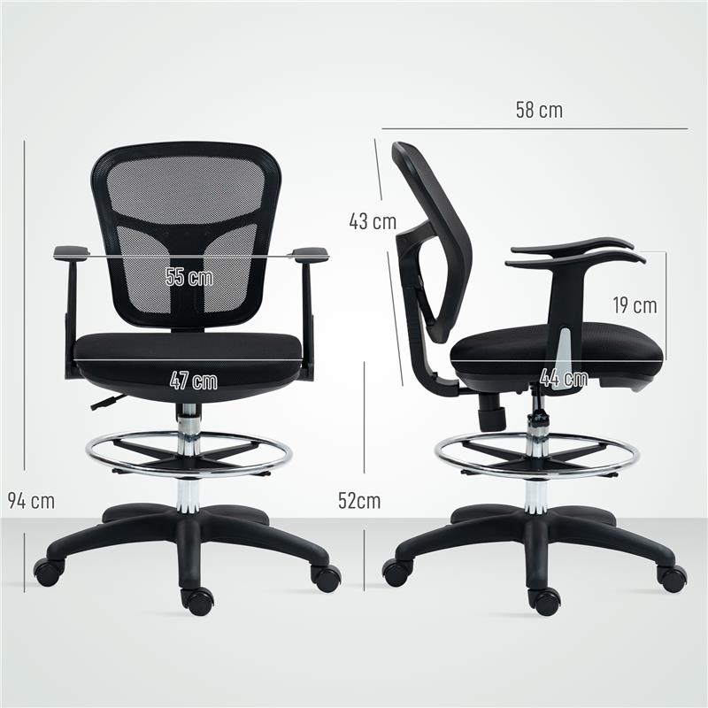 SEDIA GIREVOLE CON ANELLO POGGIAPIEDI E SCHIENALE RICURVO IN POLIESTERE SCHIUMA E PLASTICA 55X58X94 CM NERO