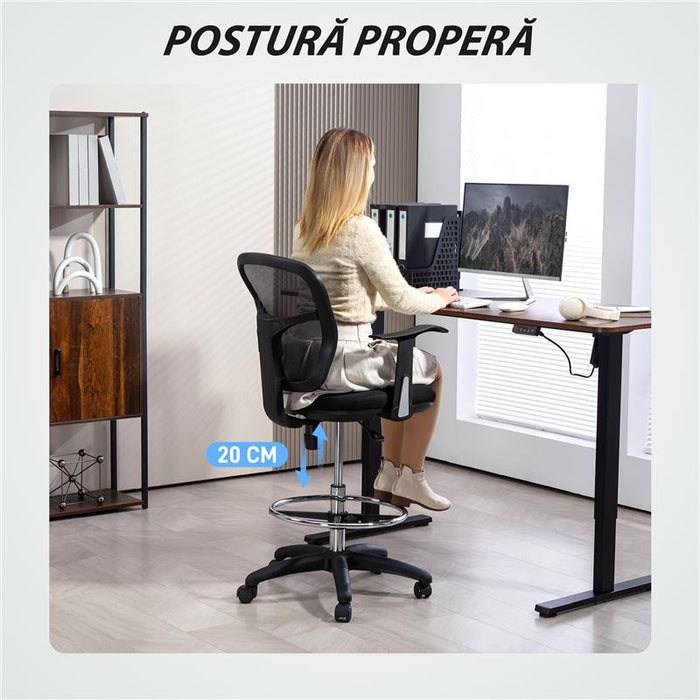 SEDIA GIREVOLE CON ANELLO POGGIAPIEDI E SCHIENALE RICURVO IN POLIESTERE SCHIUMA E PLASTICA 55X58X94 CM NERO