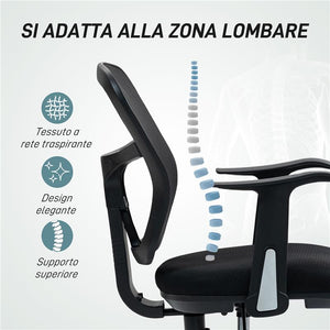 SEDIA GIREVOLE CON ANELLO POGGIAPIEDI E SCHIENALE RICURVO IN POLIESTERE SCHIUMA E PLASTICA 55X58X94 CM NERO