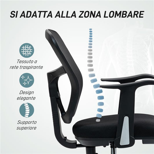 SEDIA GIREVOLE CON ANELLO POGGIAPIEDI E SCHIENALE RICURVO IN POLIESTERE SCHIUMA E PLASTICA 55X58X94 CM NERO