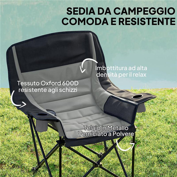 SEDIA DA CAMPEGGIO PIEGHEVOLE CON 2 PORTABICCHIERI E TASCHE LATERALI 99X71X103 CM GRIGIO E NERO