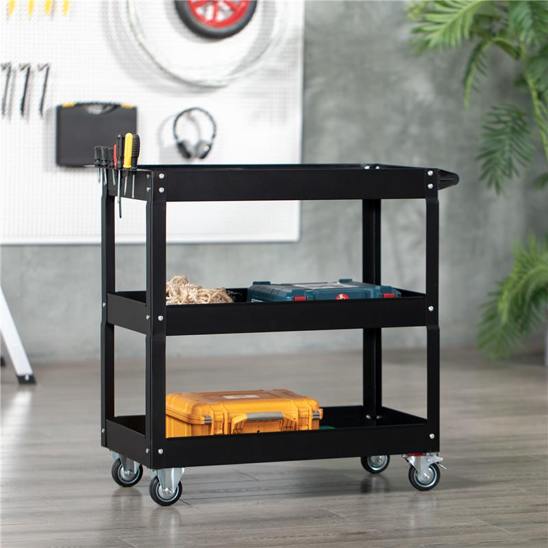 CARRELLO PORTA ATTREZZI A 3 LIVELLI IN ACCIAIO CON BORDI ALTI E 4 RUOTE GIREVOLI 83X35.3X76 CM NERO
