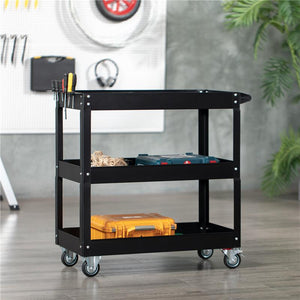 CARRELLO PORTA ATTREZZI A 3 LIVELLI IN ACCIAIO CON BORDI ALTI E 4 RUOTE GIREVOLI 83X35.3X76 CM NERO