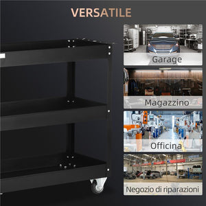 CARRELLO PORTA ATTREZZI A 3 LIVELLI IN ACCIAIO CON BORDI ALTI E 4 RUOTE GIREVOLI 83X35.3X76 CM NERO