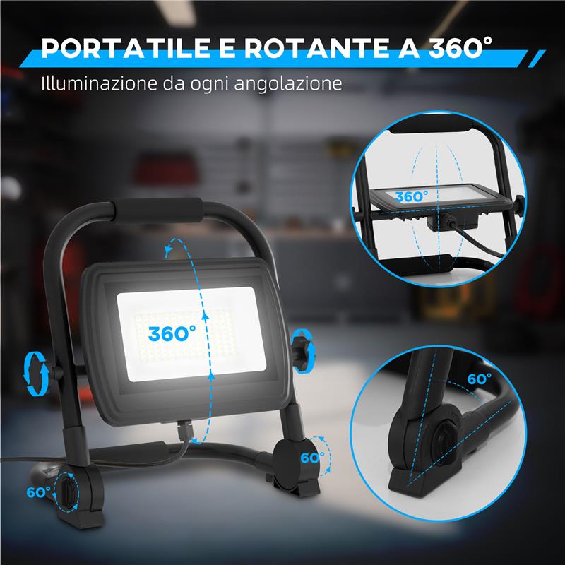 FARETTO LED DA LAVORO DA 6500K CON TESTA GIREVOLE E SUPPORTO IN ALLUMINIO E METALLO 25.5X16X25.5 CM NERO