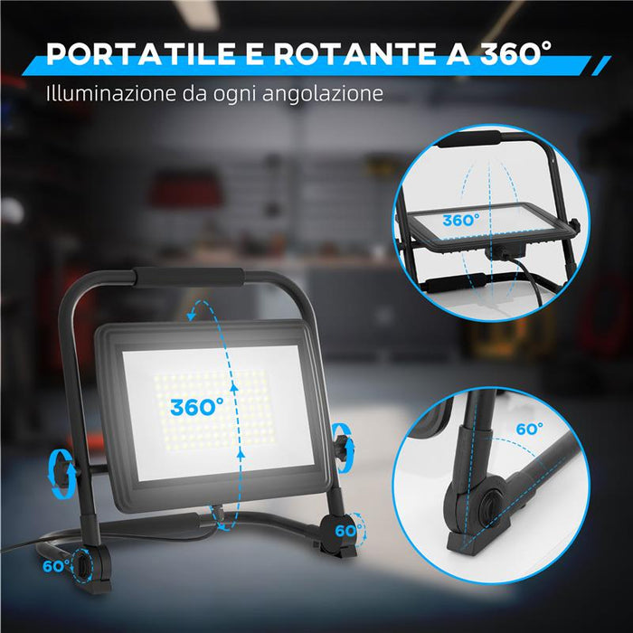 FARETTO LED DA LAVORO DA 6500K CON TESTA GIREVOLE E SUPPORTO REGOLABILE IN ALLUMINIO E METALLO 35X20X32 CM NERO