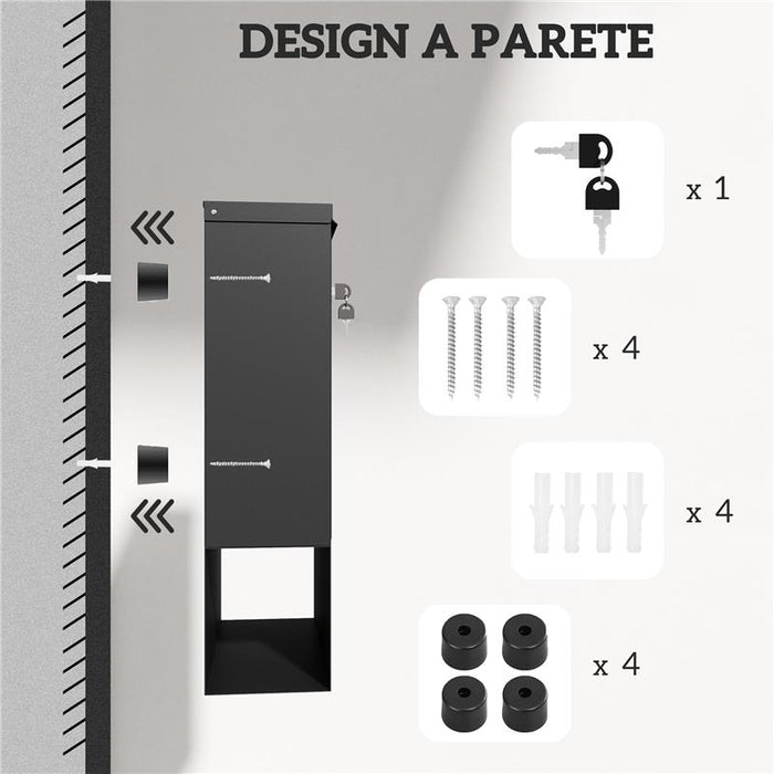 CASSETTA POSTALE A MURO IN METALLO CON FINESTRELLA E SERRATURA 30X8.5X32.5 CM GRIGIO CARBONE