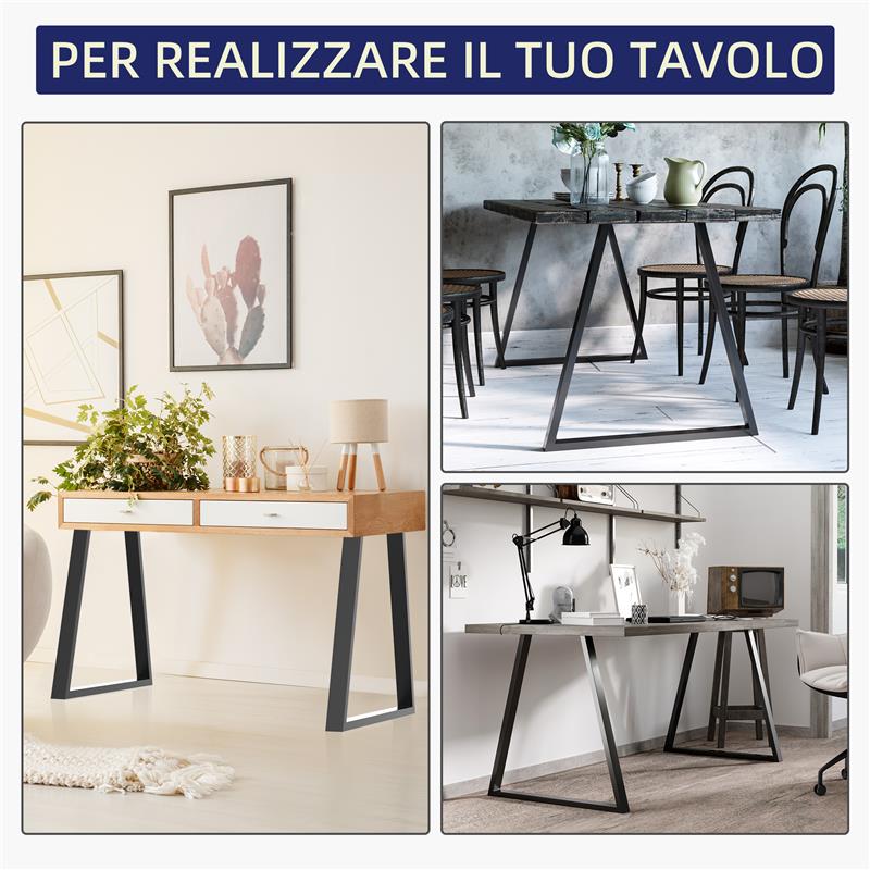 SET 2 GAMBE PER TAVOLO TRAPEZOIDALI IN ACCIAIO CON 6 FORI E 12 VITI 70X5X72 CM NERO