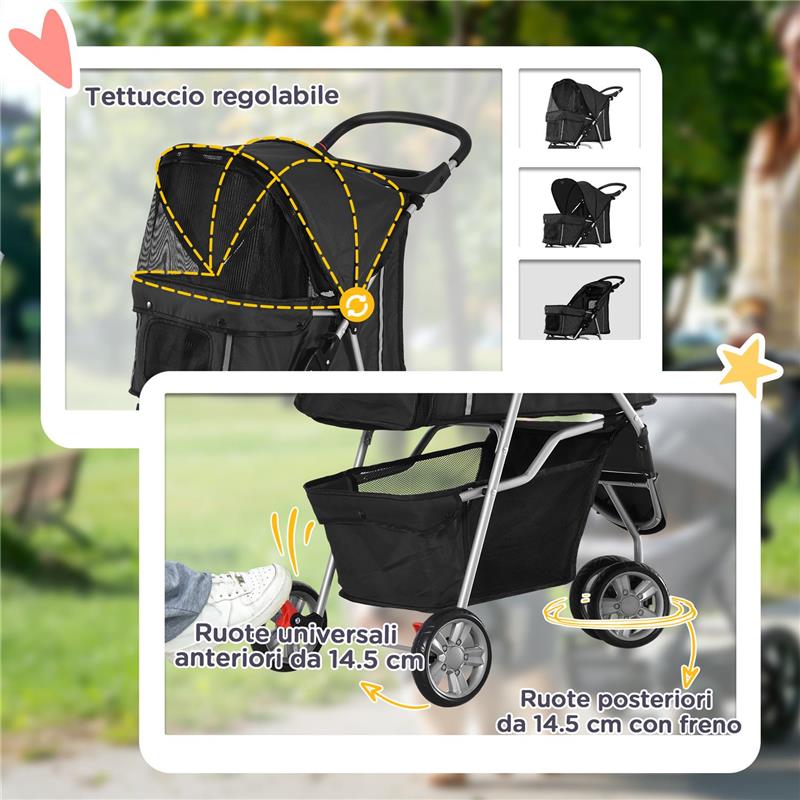 PASSEGGINO PER CANI PICCOLI PIEGHEVOLE CON RUOTE GIREVOLI E FRENO 75X45X97 CM NERO