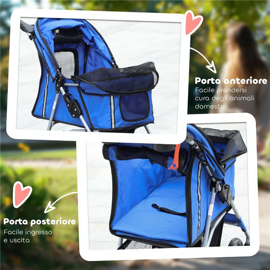 PASSEGGINO PER CANI PICCOLI PIEGHEVOLE CON COPERTURA ANTIPIOGGIA RUOTE GIREVOLI E CON FRENI BLU