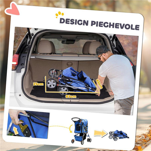 PASSEGGINO PER CANI PICCOLI PIEGHEVOLE CON COPERTURA ANTIPIOGGIA RUOTE GIREVOLI E CON FRENI BLU
