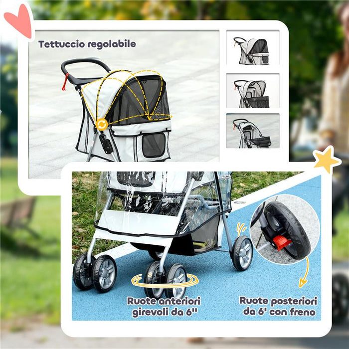 PASSEGGINO PER CANI PICCOLI PIEGHEVOLE CON COPERTURA ANTIPIOGGIA, RUOTE GIREVOLI E CON FRENI, GRIGIO
