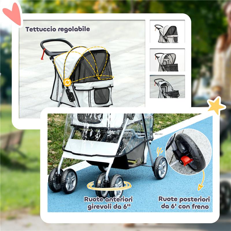 PASSEGGINO PER CANI PICCOLI PIEGHEVOLE CON COPERTURA ANTIPIOGGIA, RUOTE GIREVOLI E CON FRENI, GRIGIO