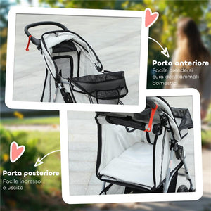 PASSEGGINO PER CANI PICCOLI PIEGHEVOLE CON COPERTURA ANTIPIOGGIA, RUOTE GIREVOLI E CON FRENI, GRIGIO