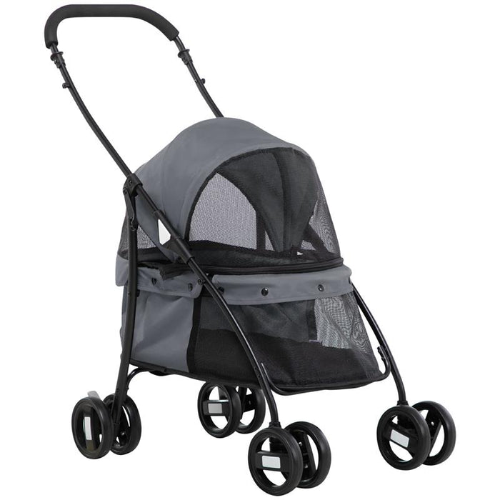PASSEGGINO PER CANI PIEGHEVOLE CON TETTUCCIO REGOLABILE, BORSA E 2 GUINZAGLI, 82X47X97 CM, GRIGIO E NERO