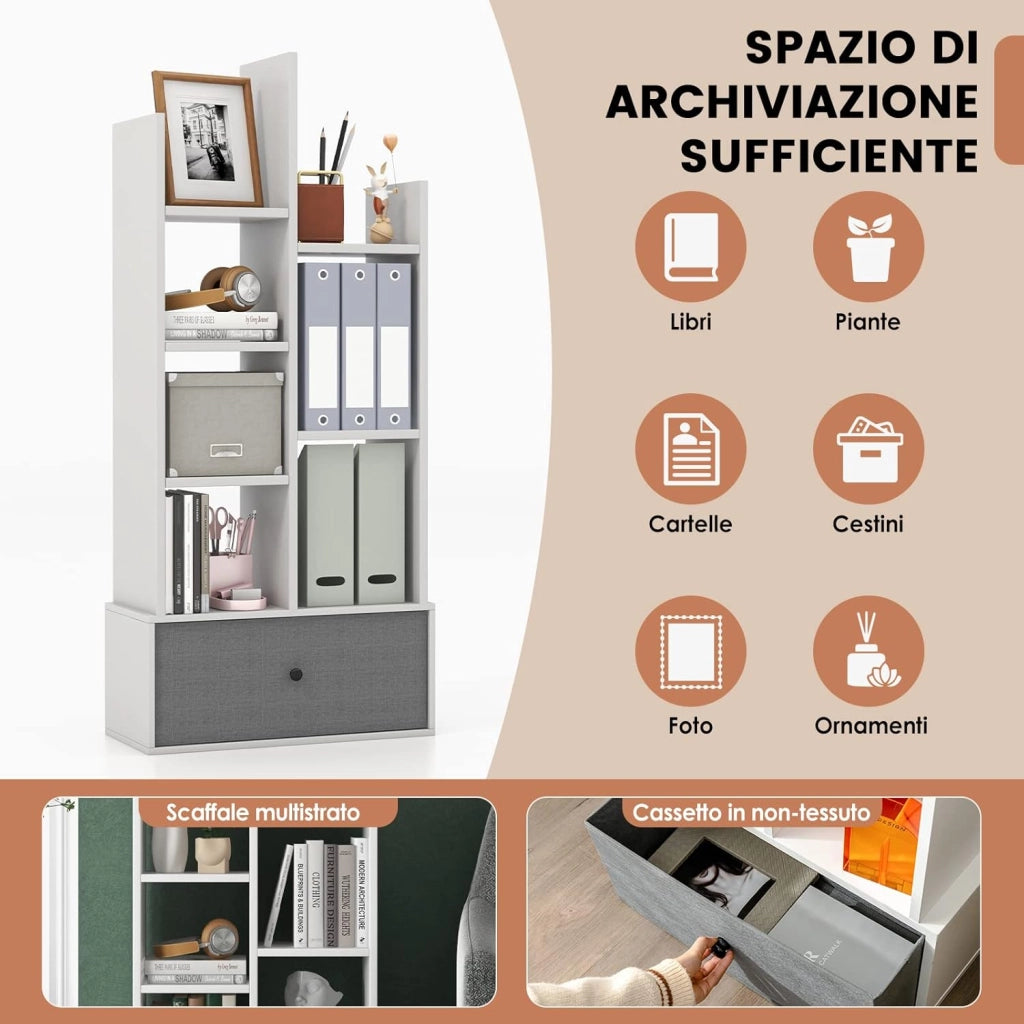 Libreria in Legno a 7 Piani, Scaffale Multifunzionale con 1 Cassetto e 7 Scomparti, Scaffale Espositivo per Soggiorno Studio Ufficio, 53x24x118 cm (Bianco, 1 cassetto)