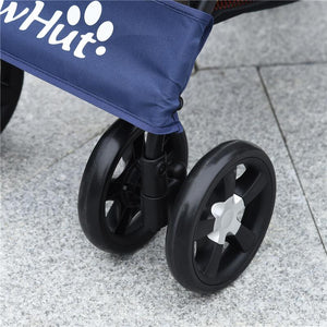 PASSEGGINO PER CANI CON CESTO, CUSCINO E 2 GUINZAGLI, IN ACCIAIO E TESSUTO OXFORD, 81X48X99 CM, NERO E BLU SCURO