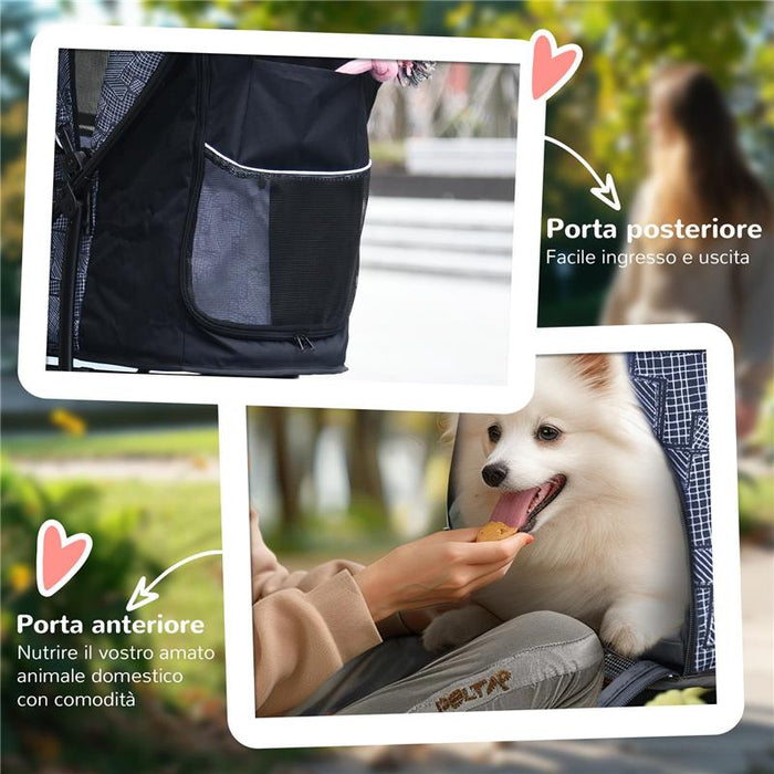 PASSEGGINO PER CANI CON CESTO, CUSCINO E 2 GUINZAGLI, IN ACCIAIO E TESSUTO OXFORD, 81X48X99 CM, NERO E GRIGIO