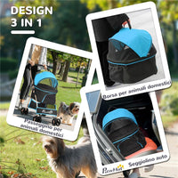PASSEGGINO PER CANI CONVERTIBILE CON 2 GUINZAGLI E CUSCINO IN ACCIAIO E POLIESTERE, 82X49.5X98 CM AZZURRO E NERO
