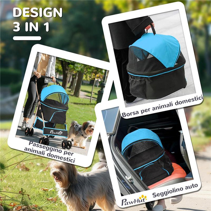 PASSEGGINO PER CANI CONVERTIBILE CON 2 GUINZAGLI E CUSCINO IN ACCIAIO E POLIESTERE, 82X49.5X98 CM AZZURRO E NERO
