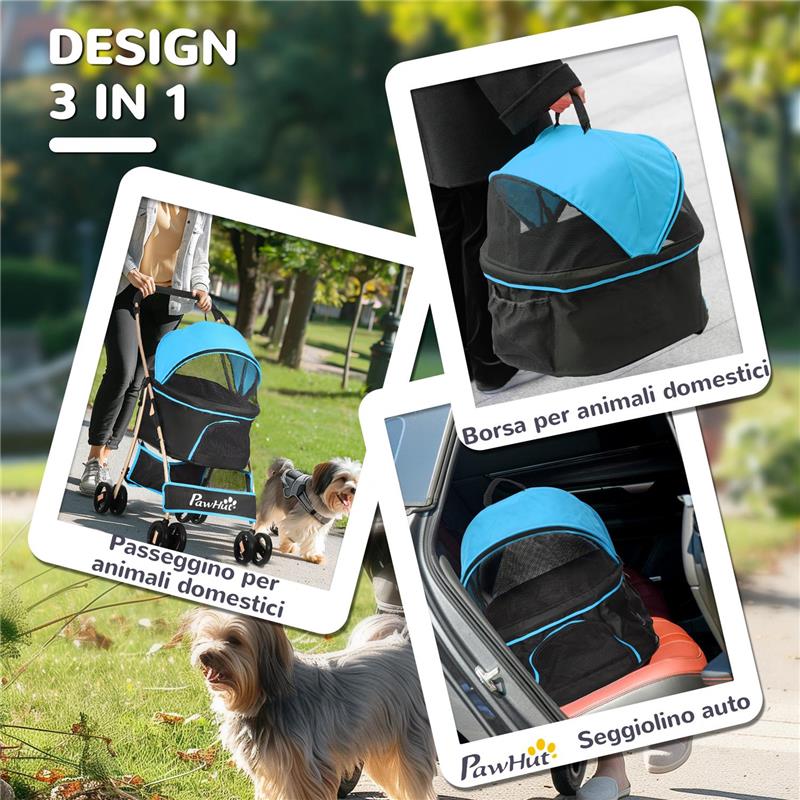 PASSEGGINO PER CANI CONVERTIBILE CON 2 GUINZAGLI E CUSCINO IN ACCIAIO E POLIESTERE, 82X49.5X98 CM AZZURRO E NERO
