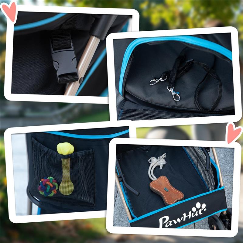 PASSEGGINO PER CANI CONVERTIBILE CON 2 GUINZAGLI E CUSCINO IN ACCIAIO E POLIESTERE, 82X49.5X98 CM AZZURRO E NERO