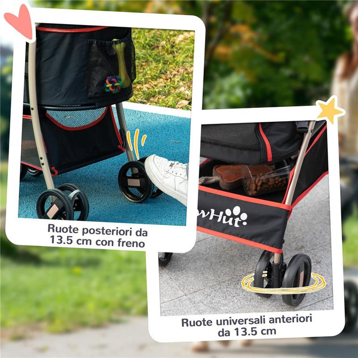 PASSEGGINO PER CANI CONVERTIBILE CON 2 GUINZAGLI E CUSCINO IN ACCIAIO E POLIESTERE, 82X49.5X98 CM ROSSO E NERO