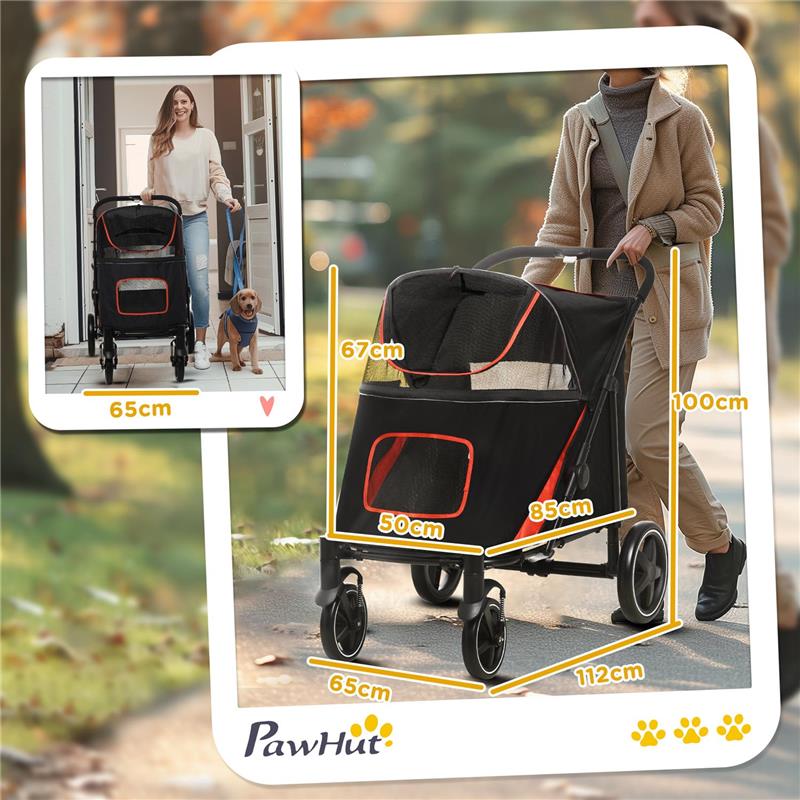 PASSEGGINO PER CANI PIEGHEVOLE CON INGRESSI A CERNIERA E FINESTRE A RETE, 112X65X100 CM, ROSSO E NERO