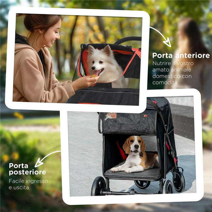 PASSEGGINO PER CANI PIEGHEVOLE CON INGRESSI A CERNIERA E FINESTRE A RETE, 112X65X100 CM, ROSSO E NERO