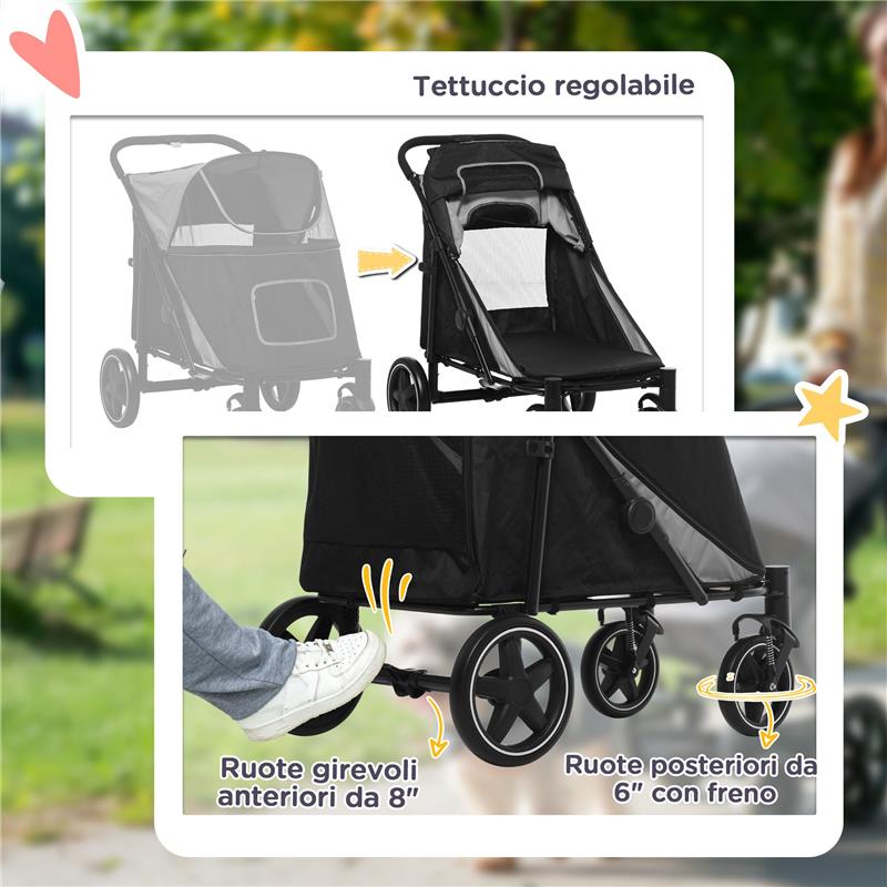 PASSEGGINO PER CANI PIEGHEVOLE CON INGRESSI A CERNIERA E FINESTRE A RETE 112X65X100 CM GRIGIO SCURO E NERO