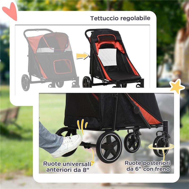 PASSEGGINO PER CANI PIEGHEVOLE CON INGRESSI A CERNIERA E FINESTRE A RETE 112X65X100 CM NERO E ROSSO