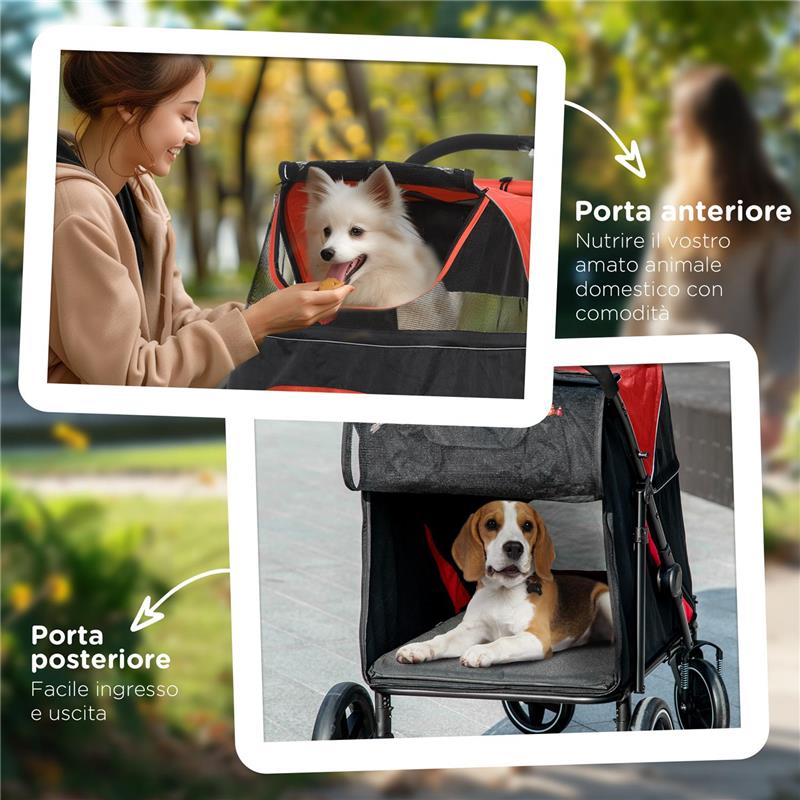 PASSEGGINO PER CANI PIEGHEVOLE CON INGRESSI A CERNIERA E FINESTRE A RETE 112X65X100 CM NERO E ROSSO