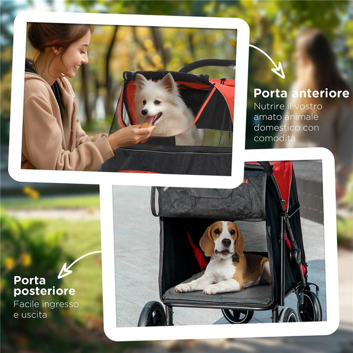 PASSEGGINO PER CANI PIEGHEVOLE CON INGRESSI A CERNIERA E FINESTRE A RETE 112X65X100 CM NERO E ROSSO