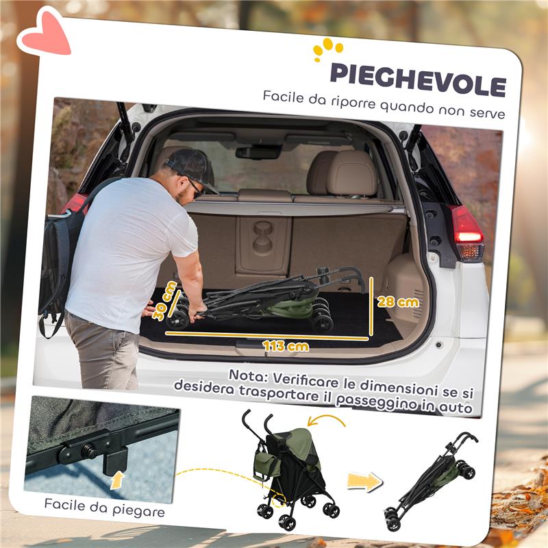 PASSEGGINO PER CANI CON 2 FINESTRE A RETE, IN ACCIAIO E TESSUTO OXFORD, 76X44X103 CM, NERO E VERDE SCURO