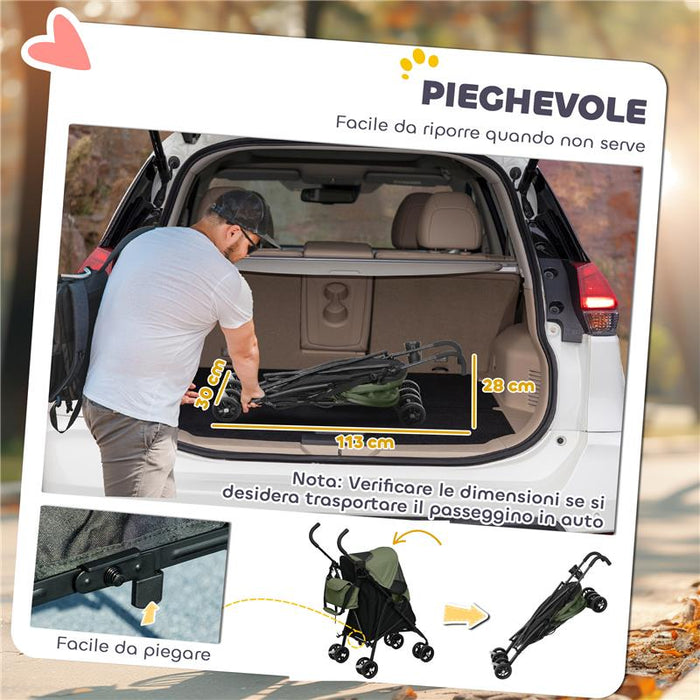 PASSEGGINO PER CANI CON 2 FINESTRE A RETE, IN ACCIAIO E TESSUTO OXFORD, 76X44X103 CM, NERO E VERDE SCURO