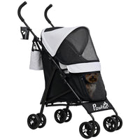 PASSEGGINO PER CANI CON 2 FINESTRE A RETE, IN ACCIAIO E TESSUTO OXFORD, 76X44X103 CM, NERO E GRIGIO CHIARO