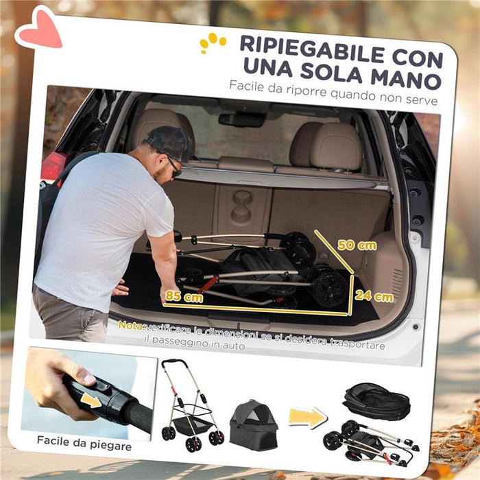 PASSEGGINO PER CANI 3 IN 1 PIEGHEVOLE CON BORSA TRASPORTINO E CESTINO INFERIORE GRIGIO