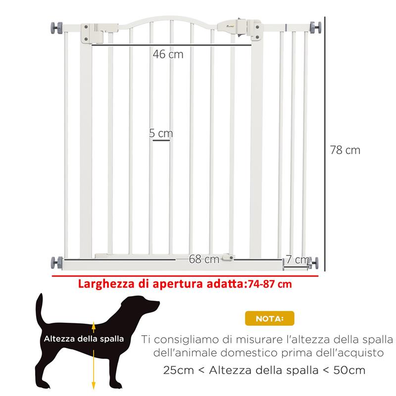 CANCELLETTO PER CANI ESTENSIBILE CON 2 BLOCCHI E CHIUSURA AUTOMATICA IN METALLO E PLASTICA 74-87X78 CM BIANCO