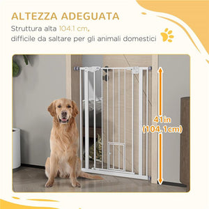 CANCELLINO PER CANI REGOLABILE ALTO CON PORTA PICCOLA E CHIUSURA AUTOMATICA 74-80X104CM BIANCO