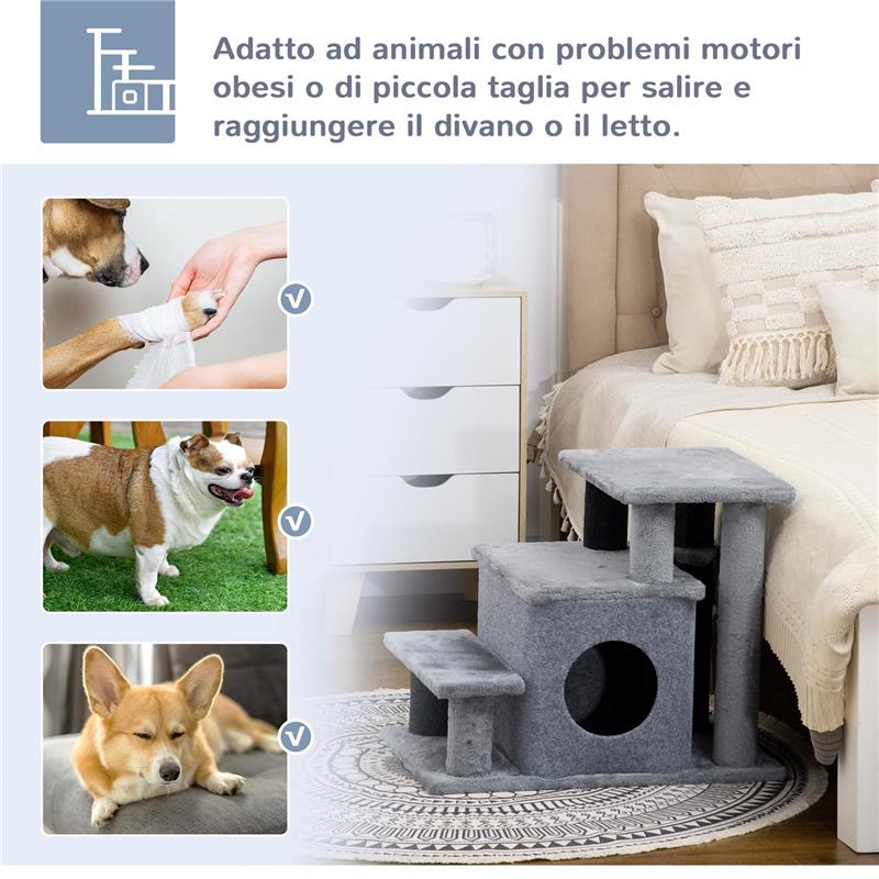 SCALETTA PER CANI CON GRADINO RIMOVIBILE, PALLINA E AREA INTERNA, IN TRUCIOLATO, 60X40X66 CM, GRIGIO