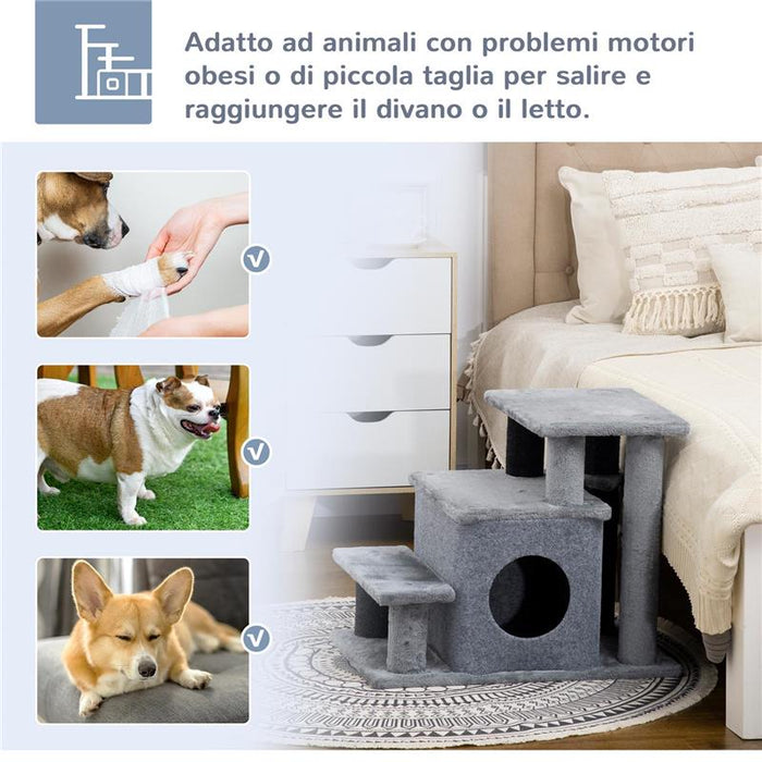 SCALETTA PER CANI CON GRADINO RIMOVIBILE, PALLINA E AREA INTERNA, IN TRUCIOLATO, 60X40X66 CM, GRIGIO