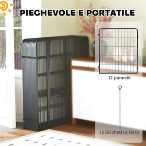 RECINTO PER CANI A 12 PANNELLI MODULABILI DA 68X1.5X80CM IN ACCIAIO NERO CON PORTA DI INGRESSO