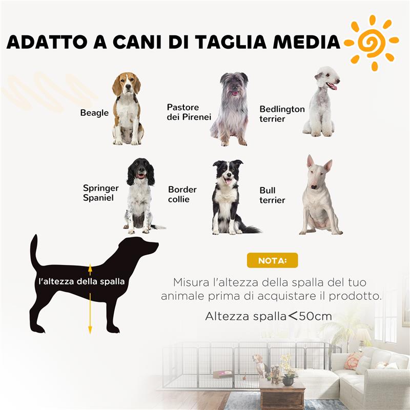 RECINTO PER CANI A 12 PANNELLI MODULABILI DA 68X1.5X80CM IN ACCIAIO NERO CON PORTA DI INGRESSO