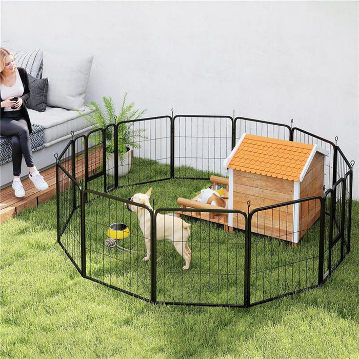 RECINTO PER CANI A 12 PANNELLI MODULABILI DA 68X1.5X80CM IN ACCIAIO NERO CON PORTA DI INGRESSO