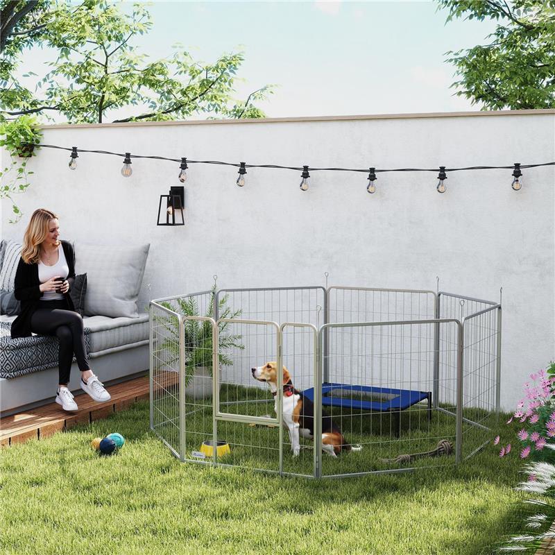 RECINTO PER CANI A 8 PANNELLI MODULABILI PIEGHEVOLE CON PORTA IN ACCIAIO, ALTEZZA 80 CM, ARGENTO
