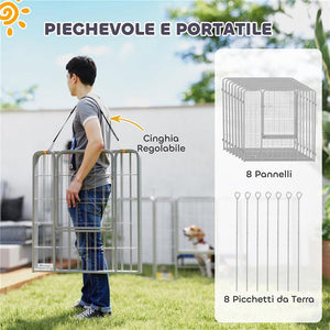 RECINTO PER CANI A 8 PANNELLI MODULABILI PIEGHEVOLE CON PORTA IN ACCIAIO, ALTEZZA 80 CM, ARGENTO